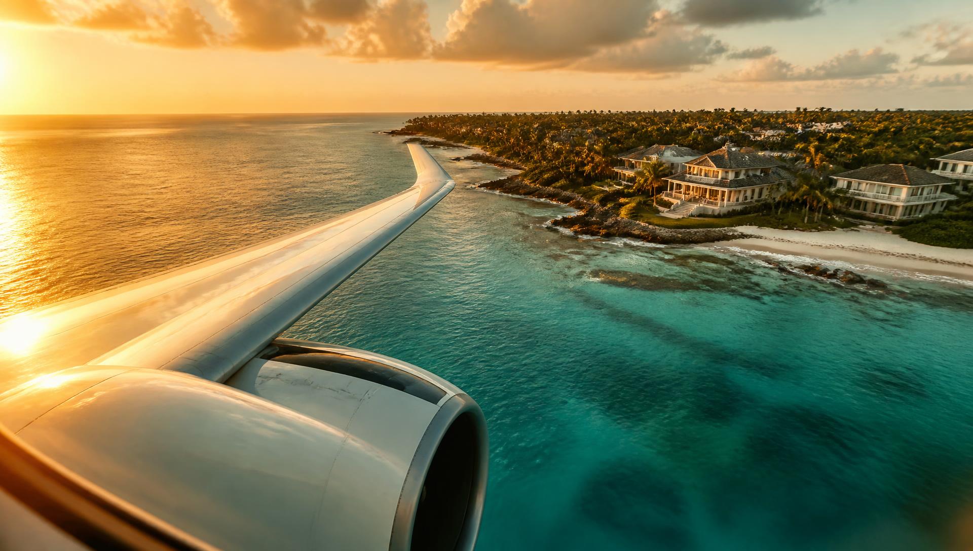 Aircraft wing over turquoise Caribbean water beside beachfront residences at sunset